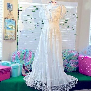 NEW! White cotton peasant style maxi dress